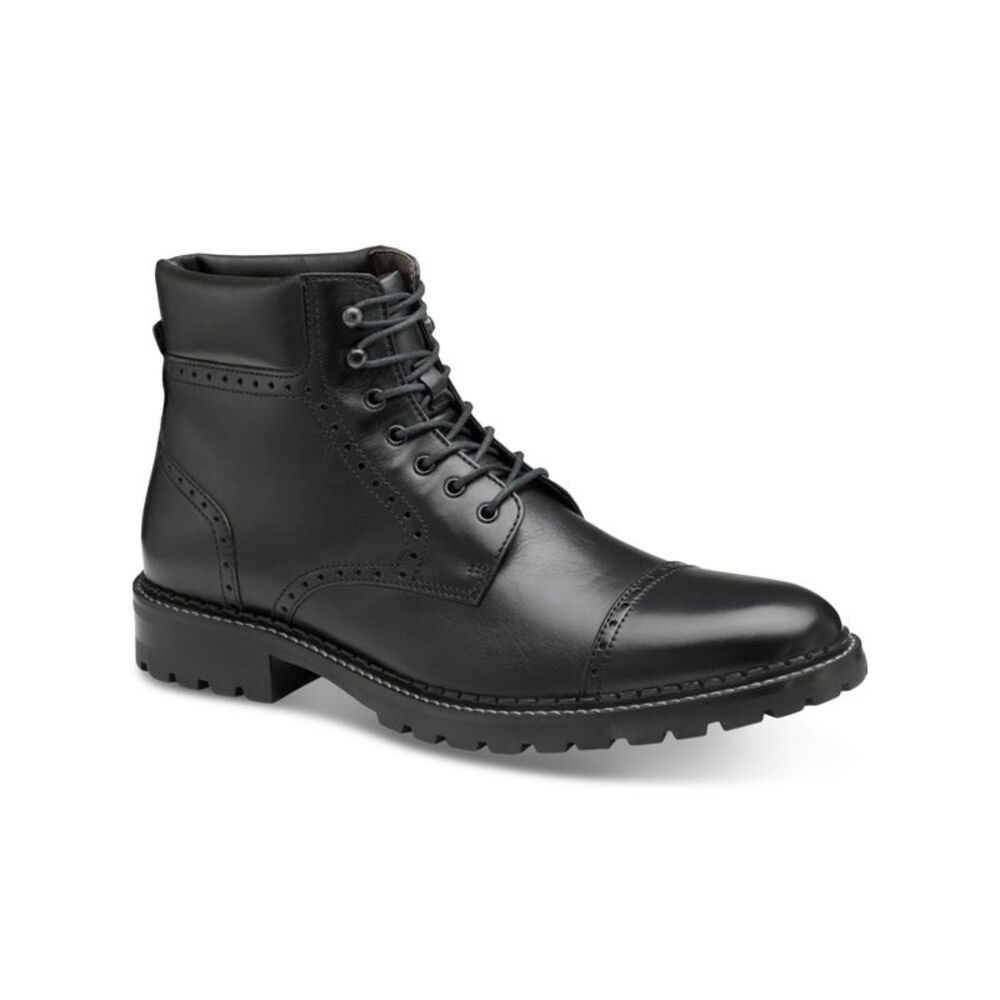 JOHNSTON & MURPHY Mens Black Brogue Garrison Cap Toe Block Heel Boots Shoes 11 M